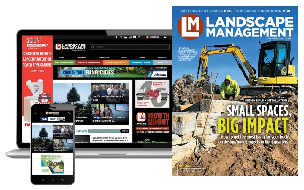 Laptop and phone displaying Landscape Management's website alongside a copy of the magazine